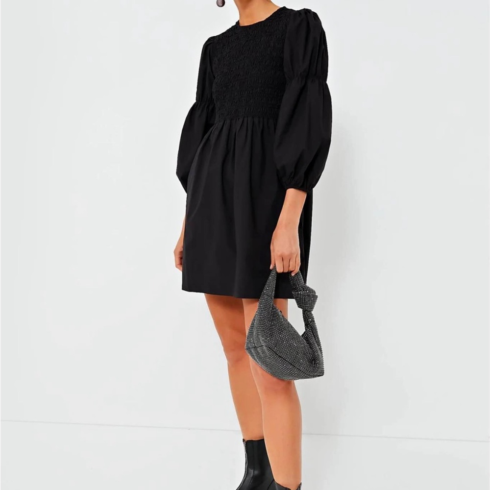 Ganni Black Smocked Mini Dress with Bishop Sleeves